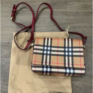 Burberry purse in Vintage Check with maroon red leather accents and strap